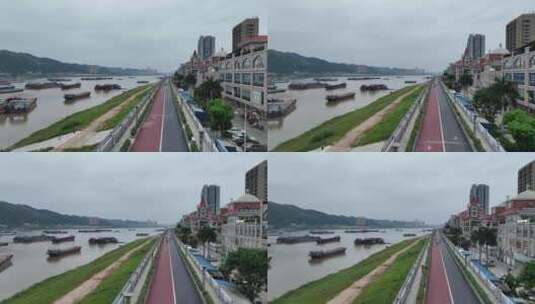 航拍广西梧州城市沿江绿道休闲观光桥西江高清在线视频素材下载
