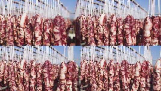 户外晾晒香肠腊肠制作肉制品新年春节年货高清在线视频素材下载