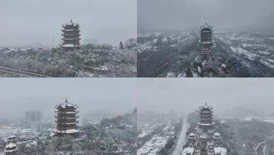 武汉黄鹤楼暴雪4K航拍高清在线视频素材下载