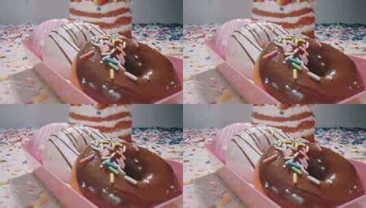 老蛙探针拍美食甜甜圈蛋糕美味零食高清在线视频素材下载
