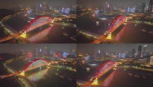 湖北武汉汉江晴川桥南岸嘴江滩公园航拍夜晚高清在线视频素材下载