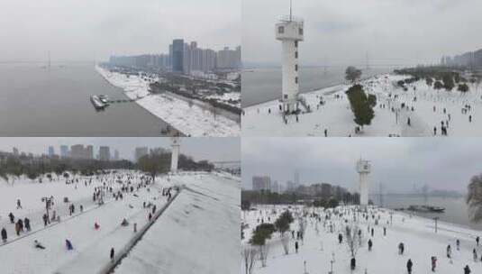 2024武昌江滩滑雪雪景航拍高清在线视频素材下载