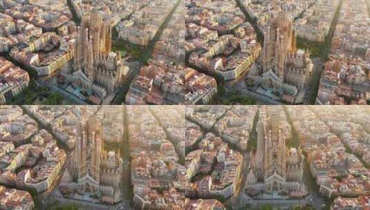 巴塞罗那城市天际线和圣家堂大教堂的鸟瞰图高清在线视频素材下载