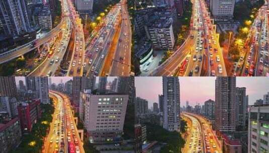 4K航拍广州市区晚高峰车流高清在线视频素材下载