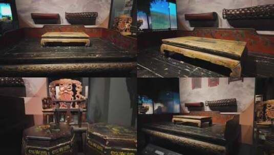 中式传统古代家具红漆雕花虎足罗汉床高清在线视频素材下载