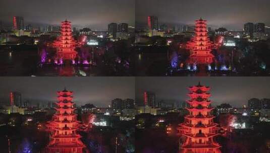 甘肃张掖木塔寺夜景灯光航拍高清在线视频素材下载