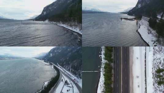 雪山下有雪覆盖的河岸及水面景观高清在线视频素材下载