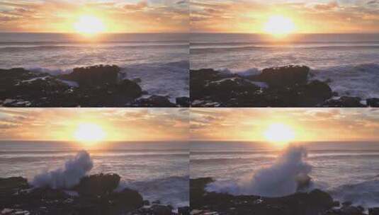 黄昏下海浪拍打岩石的镜头高清在线视频素材下载