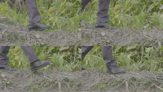 皮鞋踩在泥路走在泥土里的脚步特写乡村农村高清在线视频素材下载