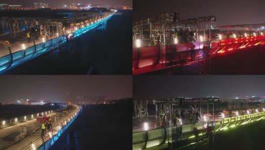 航拍长沙南站附近高架桥工地晚上加班赶工期高清在线视频素材下载