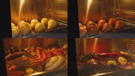 烤箱延时拍摄牛角包、蟹、龙虾、牛排、烤鸡高清在线视频素材下载