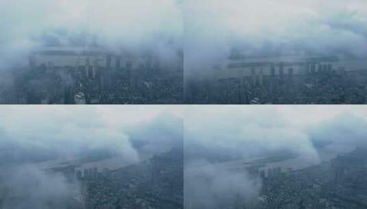 城市地标航拍长沙湘江全景云雾缭绕实拍视频高清在线视频素材下载