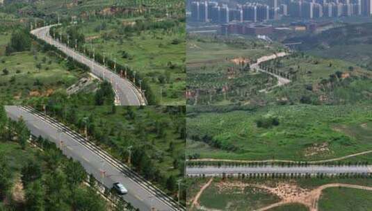 煤矿绿化道路生态恢复陕煤道路绿化工程航拍高清在线视频素材下载