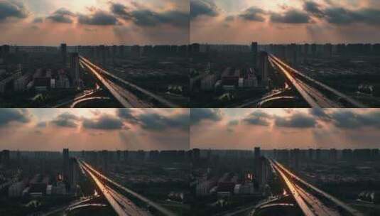 航拍郑州北三环花园路高架桥夕阳高清在线视频素材下载
