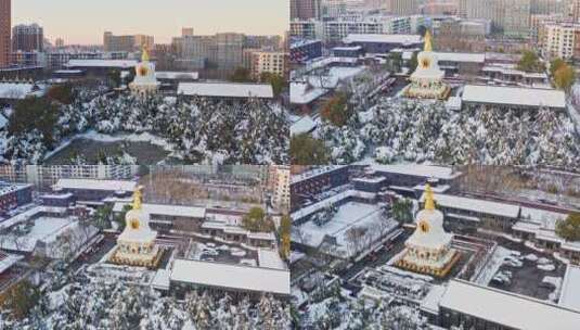 辽宁沈阳皇姑区北塔古建筑航拍雪景高清在线视频素材下载