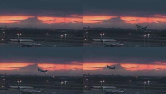 起飞的飞机飞机起飞迎着夕阳起飞高清在线视频素材下载
