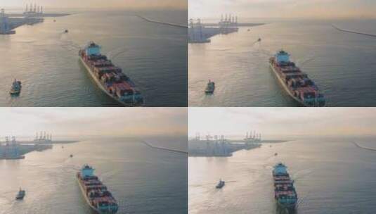 进出口货运集装箱船只在海上航行靠近码头高清在线视频素材下载