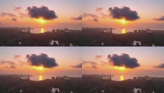 珠海拱北口岸港珠澳大桥日出朝霞航拍高清在线视频素材下载