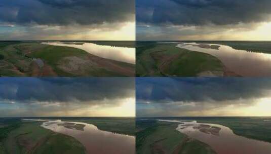 黄河平原-乌云下雨-晚霞河流草原高清在线视频素材下载