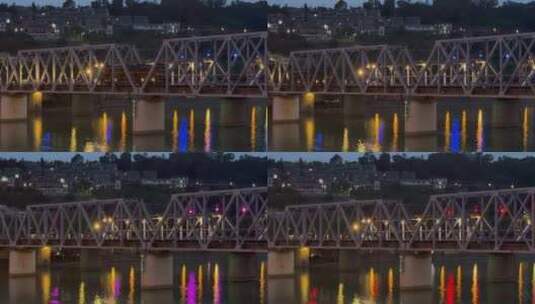 夜晚山城河流桥梁火车头经过1高清在线视频素材下载