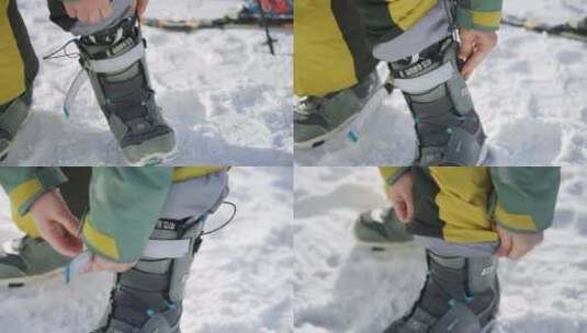 慢动作滑雪前准备滑雪靴高清在线视频素材下载