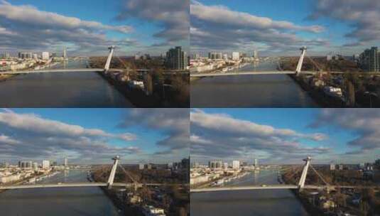 航拍河上大桥的特写高清在线视频素材下载