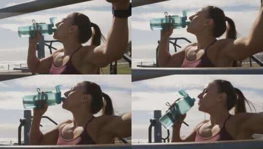 女人在户外健身运动完喝水高清在线视频素材下载