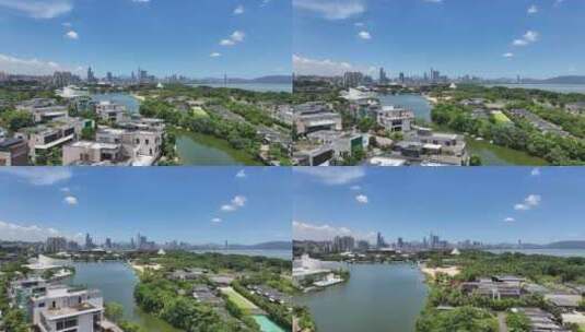 4K深圳南山区欢乐海岸蓝天白云航拍高清在线视频素材下载