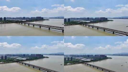 航拍杭州钱塘江大桥高清在线视频素材下载