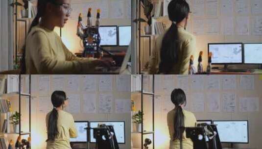 十几岁的女孩走在墙上看照片的特写镜头，同时工作关于一个机器人手高清在线视频素材下载