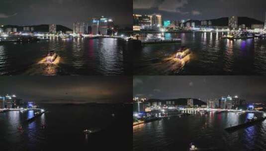 游艇回码头夜景游艇夜晚海上高清在线视频素材下载