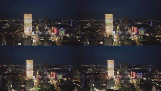 江苏苏州城市夜景苏宁广场夜景灯光航拍高清在线视频素材下载