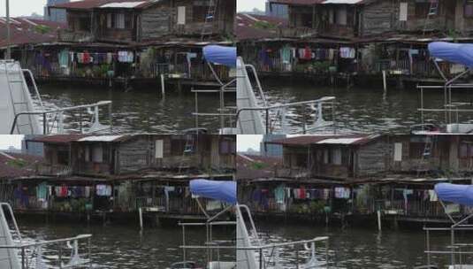 泰国曼谷渔排水上人家贫民窟码头港口高清在线视频素材下载