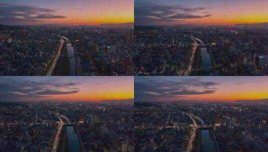 4K-航拍夜幕降临时的日本京都市高清在线视频素材下载