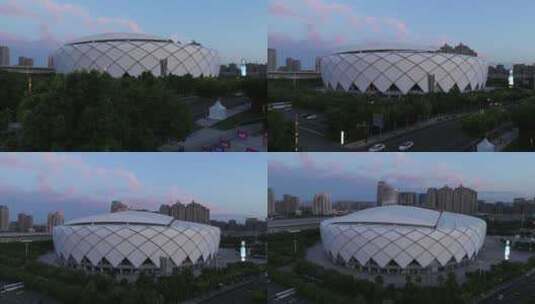 航拍绍兴中国轻纺城体育中心高清在线视频素材下载
