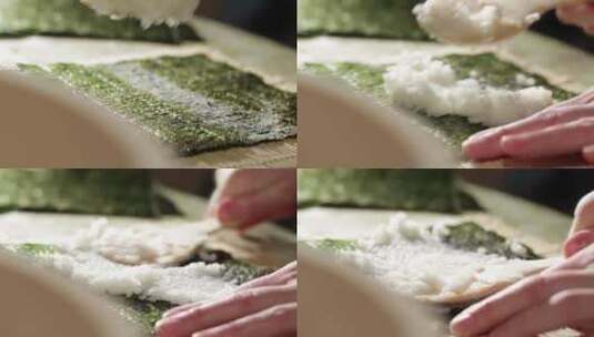 制作寿司往海苔上放米饭高清在线视频素材下载