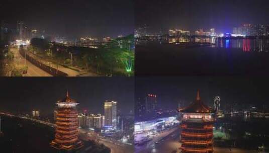 广西钦州钦南区和谐塔夜景航拍高清在线视频素材下载