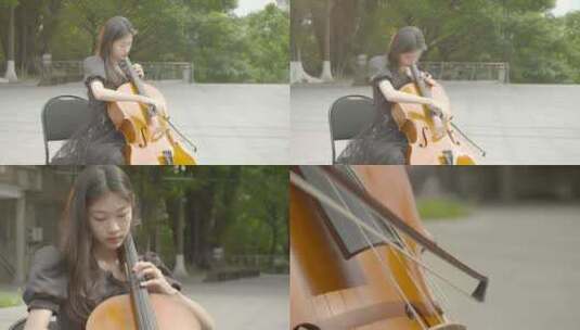 唯美女孩户外拉大提琴演奏艺术家弦乐交响乐高清在线视频素材下载
