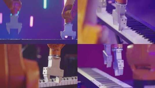 工业机械手臂机器人乐队弹钢琴高清在线视频素材下载