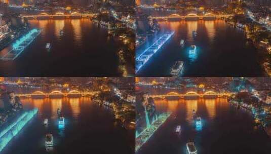 广西柳州柳江水上喷泉与游船航拍延时高清在线视频素材下载