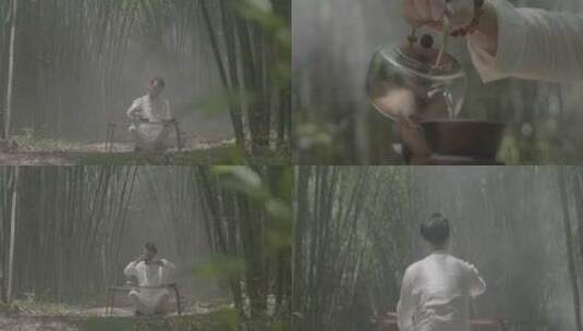 男子竹林中喝茶中国风意境高清在线视频素材下载
