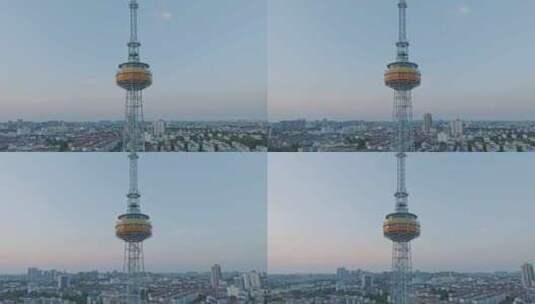 上海嘉定电视塔城市傍晚夕阳日落航拍高清在线视频素材下载