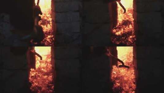 古窑炉火烧制铸造冶炼陶瓷龙点火烧柴火守窑高清在线视频素材下载