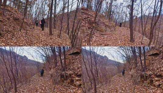 第一视角登山行走在冬天满是落叶的山路上高清在线视频素材下载