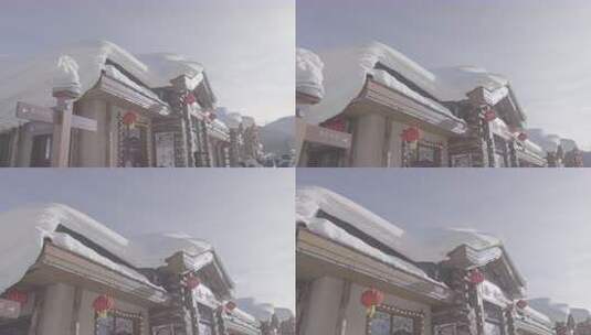 雪韵大街上积雪深厚的特色木屋建筑高清在线视频素材下载