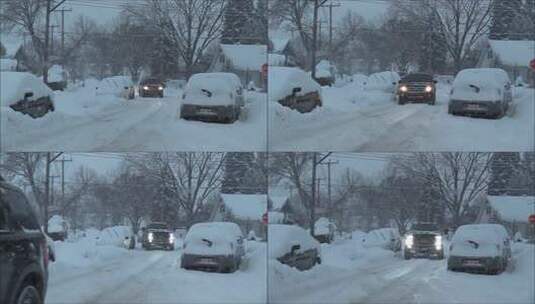 积雪覆盖街道车辆行驶画面高清在线视频素材下载