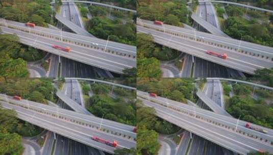 航拍山丘之间乡间高速公路道路交通枢纽高清在线视频素材下载