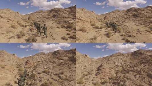 航拍边防战士在沙漠戈壁中巡逻 上坡 中景高清在线视频素材下载