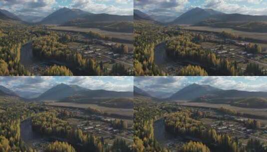 新疆阿勒泰禾木乡秋天村庄自然风光高清在线视频素材下载