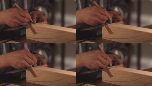 木工榫卯用尺子在木棍上做标记特写唯美画面高清在线视频素材下载